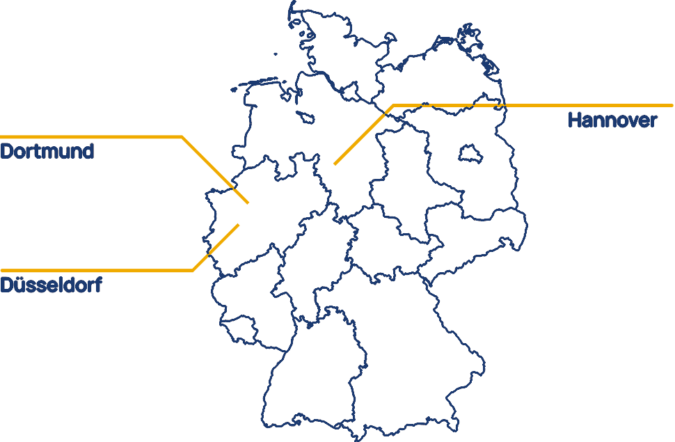 Karte mit den AURICON Standorten in Deutschland: Düsseldorf, Dortmund und Hannover